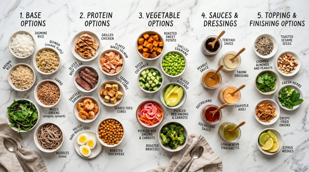 A beautiful educational flat-lay on a white marble surface showing the five components of a perfect protein bowl