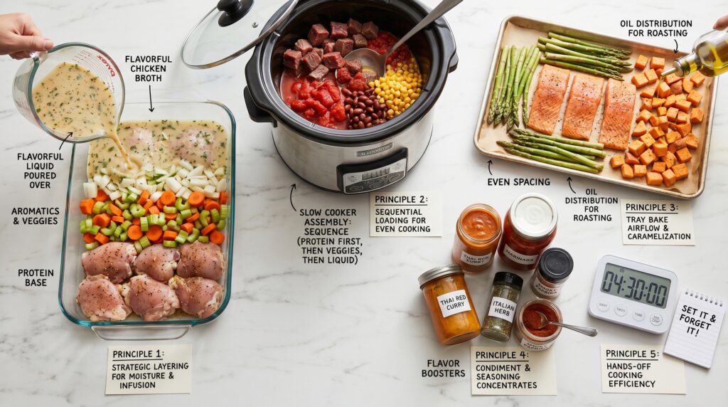 A clean, educational flat-lay on a white marble surface showing the essential dump dinner principles 