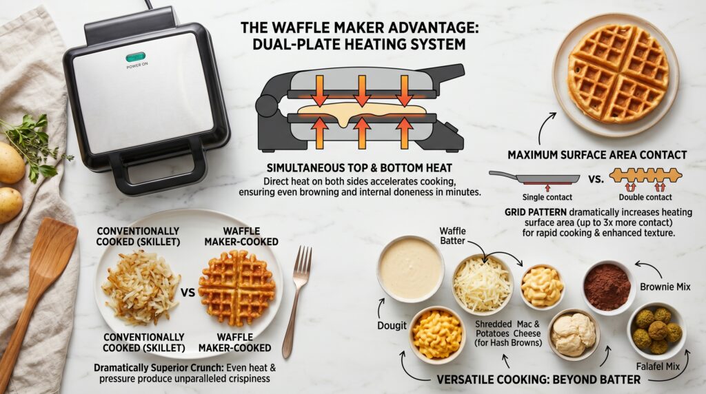 A clean educational flat-lay on a white marble surface showing the waffle maker's key cooking advantages