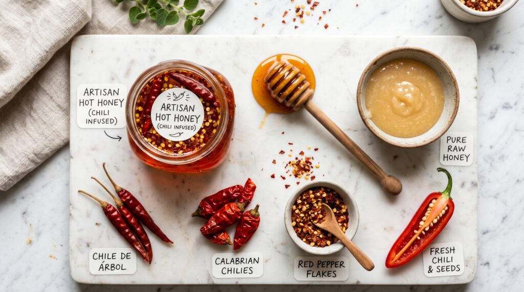 A beautiful close-up flat-lay on a white marble surface showing the anatomy of hot honey