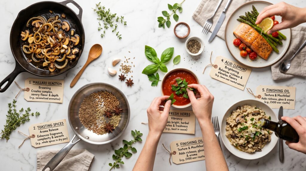 A beautiful educational flat-lay on a white marble surface showing the five core flavor principles