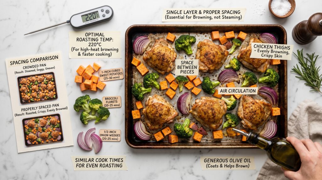 A clean, educational flat-lay on a white marble surface showing the key sheet pan dinner principles 