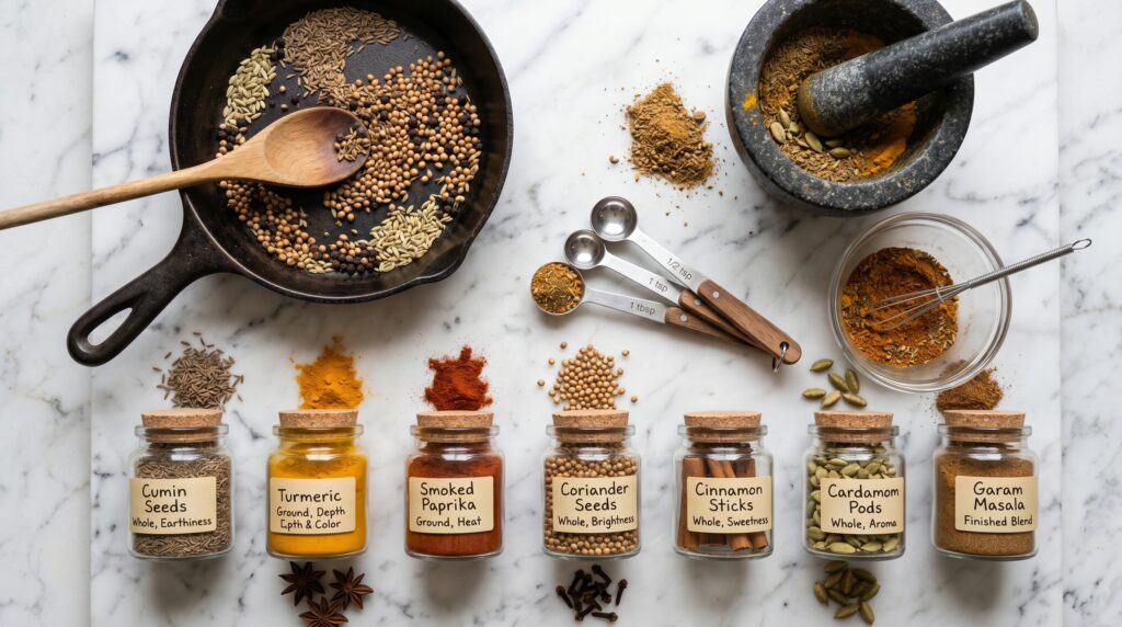 A clean, educational flat-lay on a white marble surface showing the essential spice blend making equipment and principles