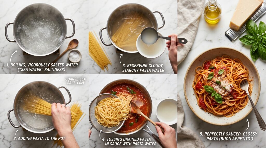 A technique flat-lay on a white marble surface showing the key stages of perfect pasta cooking