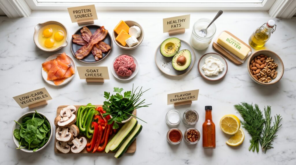 A clean, organized educational flat-lay on a white marble surface showing the building blocks of a perfect keto breakfast
