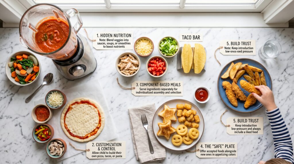 A clean, visual strategy guide flat-lay on a white marble surface showing the key picky eater cooking strategies