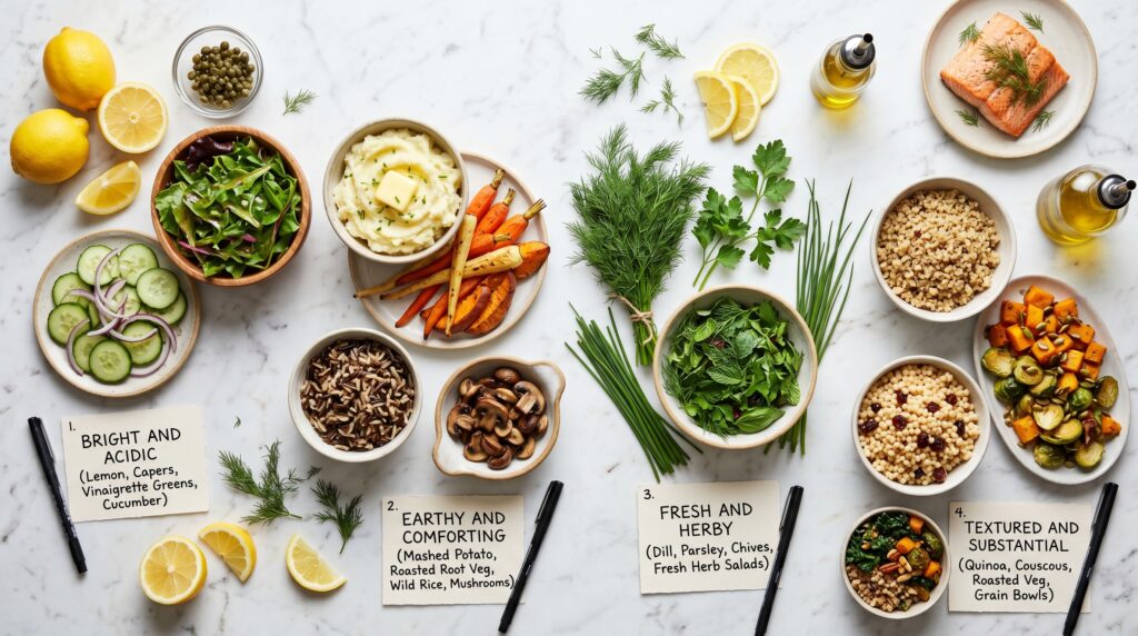 A beautiful educational flat-lay on a white marble surface showing the four side dish categories that pair best with salmon