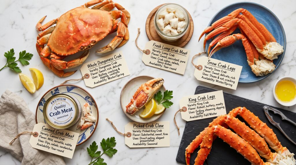 A beautiful educational flat-lay on a white marble surface showing the different crab varieties and forms