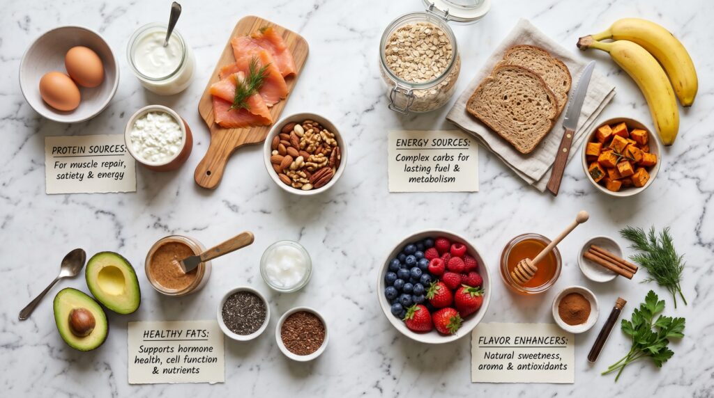 A clean, organized flat-lay on a white marble surface showing the building blocks of a great breakfast repertoire