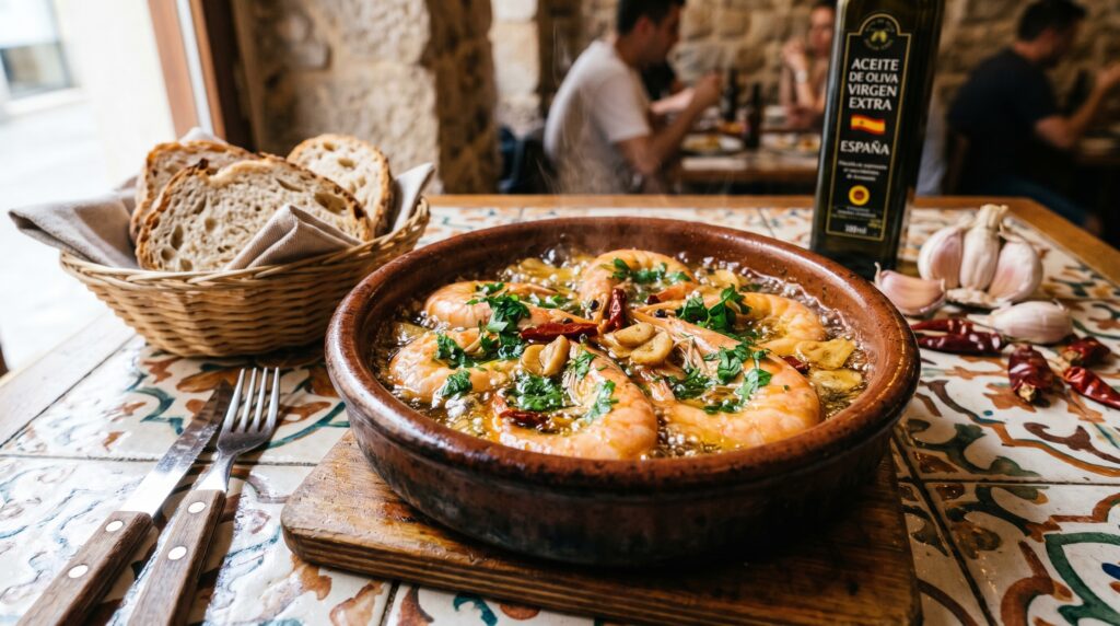 A spectacular Spanish gambas al ajillo in a small terracotta cazuela dish