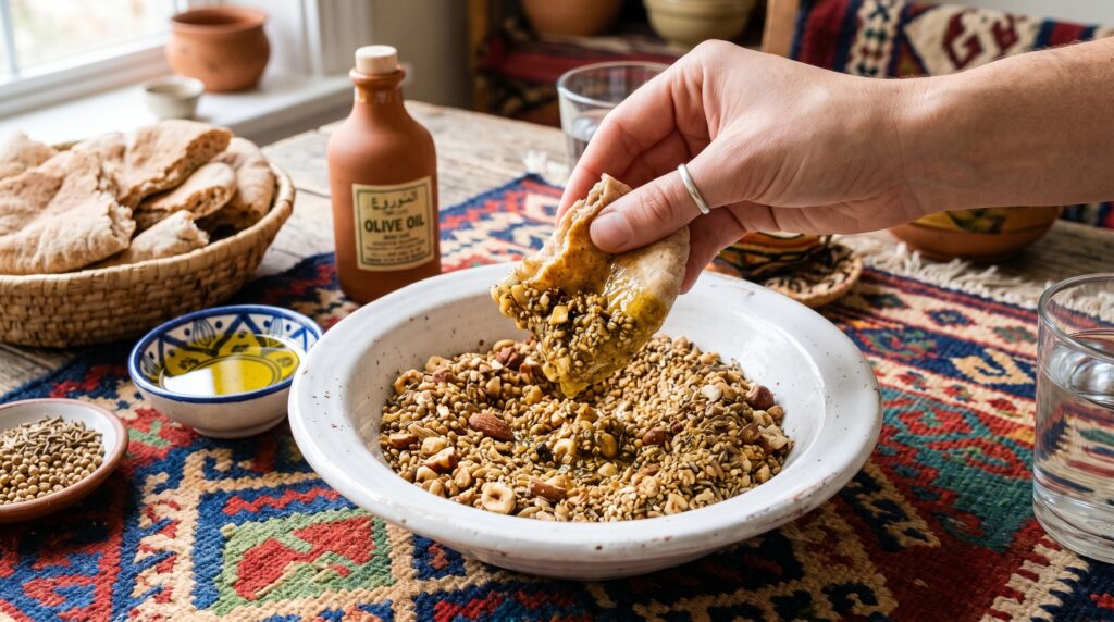 A beautiful, textured Egyptian dukkah in a wide white ceramic bowl