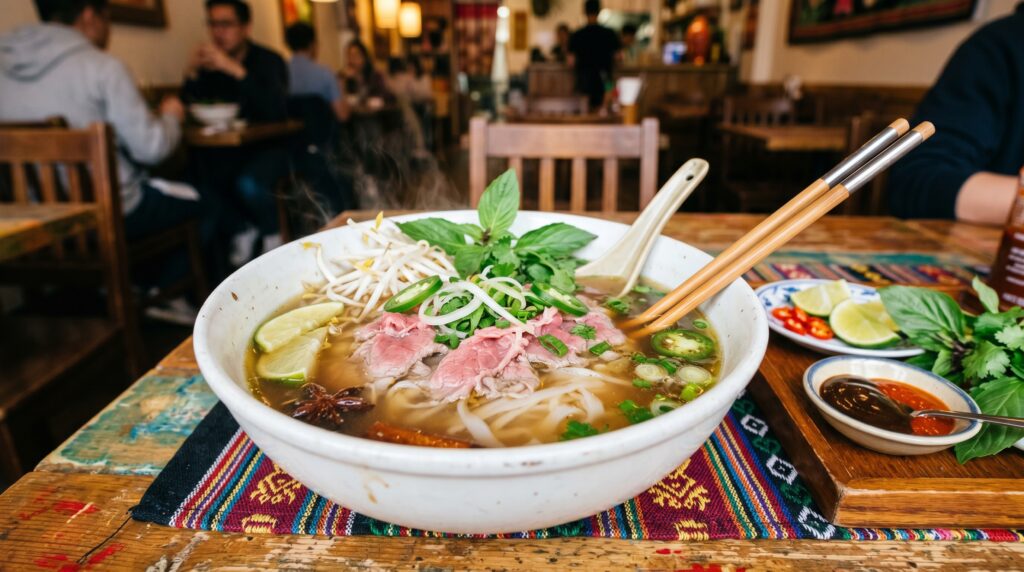 A magnificent, deeply fragrant Vietnamese beef pho in a large white bowl