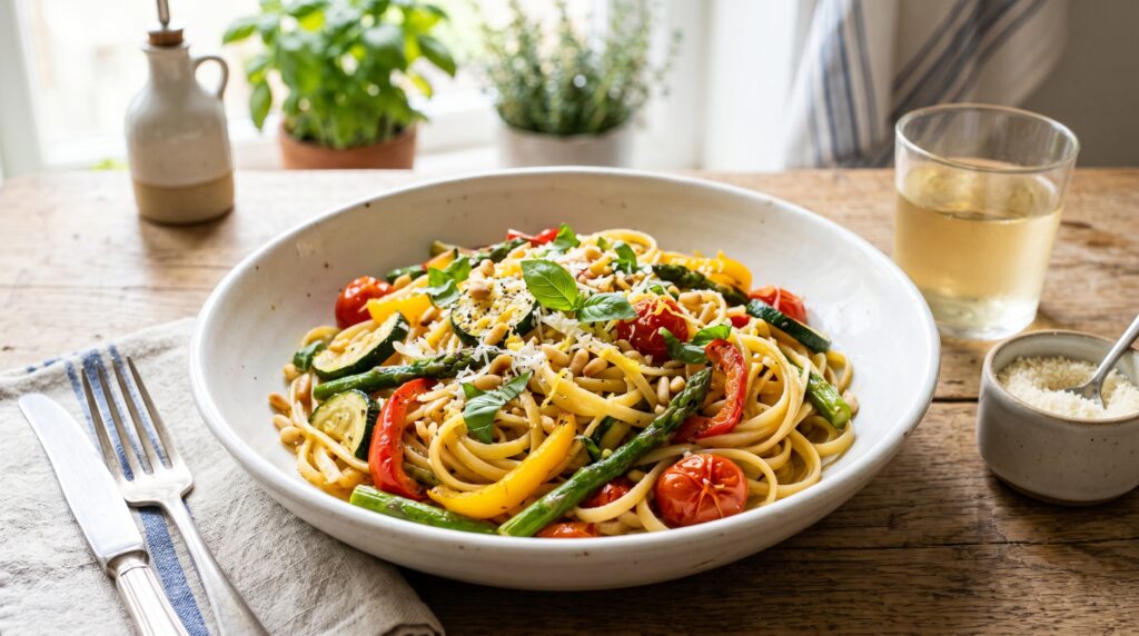 A vibrant, colorful pasta primavera in a wide white bowl