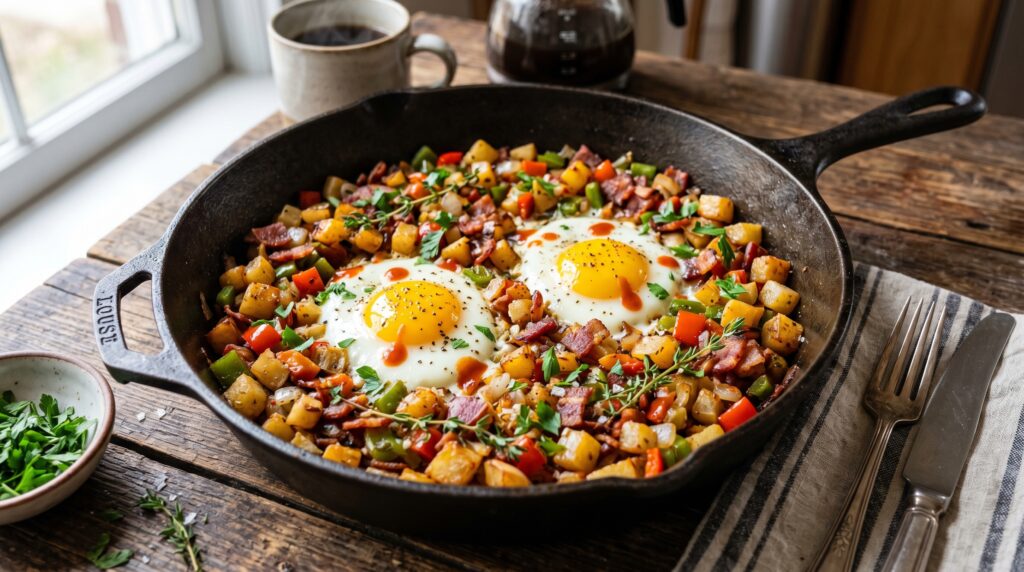 A hearty, colorful keto breakfast hash in a wide cast iron skillet