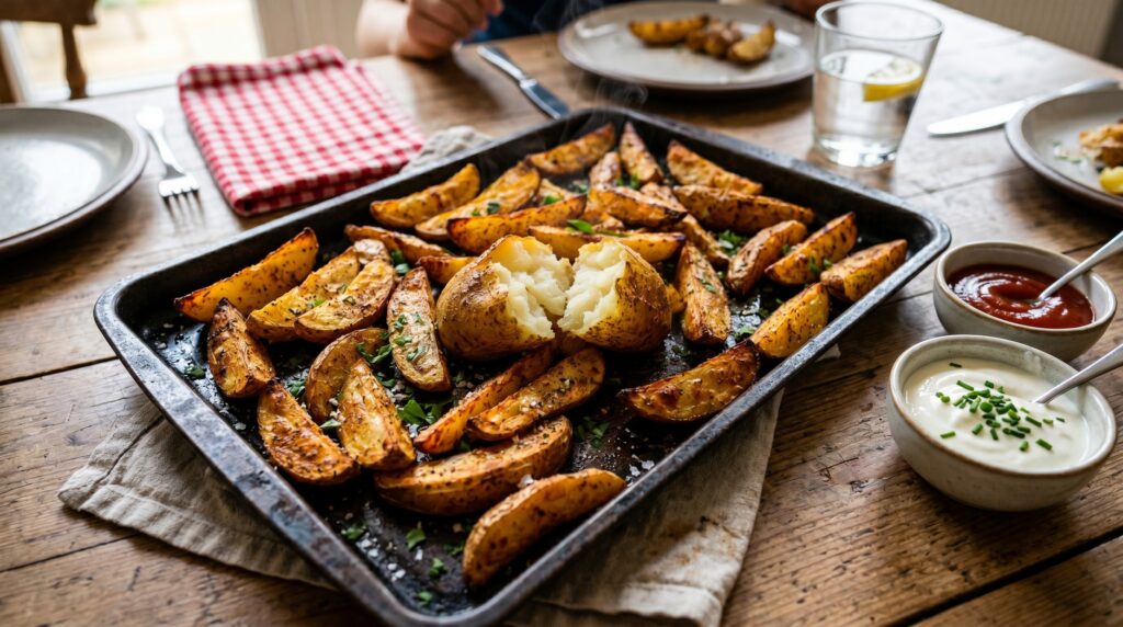 A generous tray of golden, crispy oven-baked potato wedges on a dark baking tray