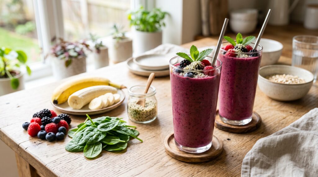 Two vibrant berry and spinach smoothies in tall clear glasses
