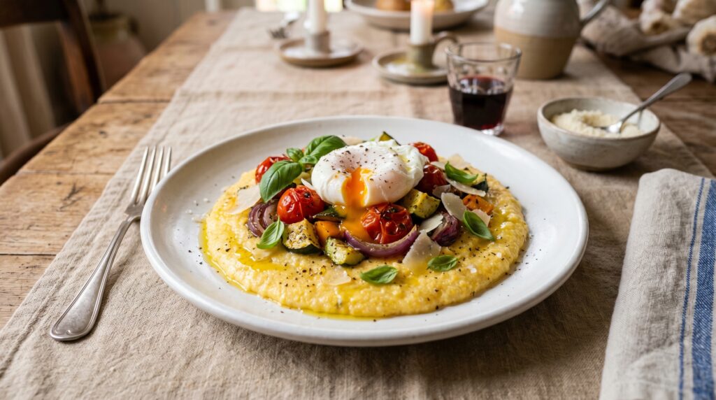 A beautiful polenta with roasted vegetables and poached eggs on a wide white plate
