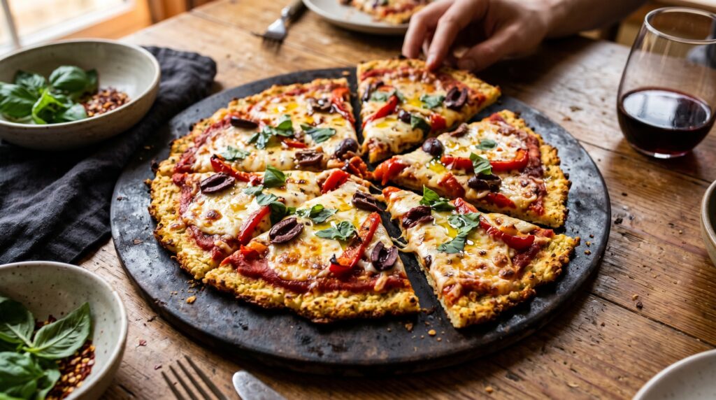 A beautiful cauliflower pizza on a dark pizza stone or baking tray