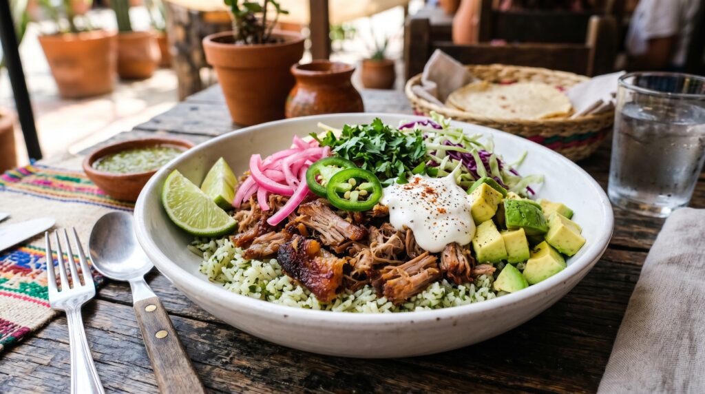 A hearty, indulgent carnitas bowl in a wide white bowl