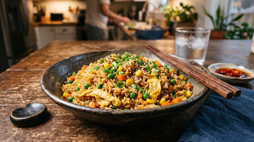 A vibrant, colorful dump fried rice in a wide dark bowl
