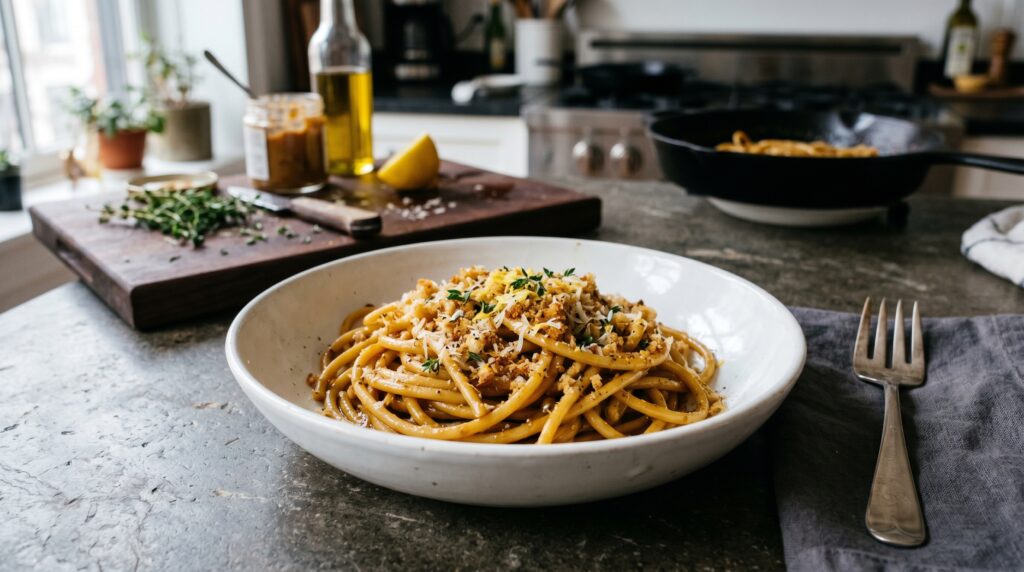 An elegant, sophisticated miso brown butter pasta in a wide white bowl