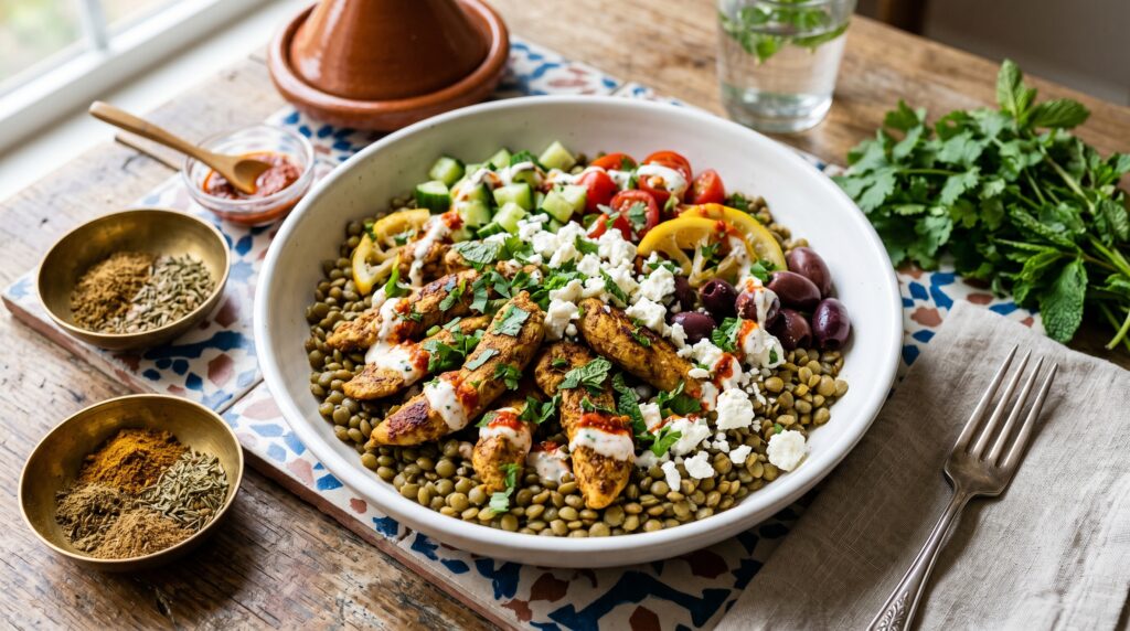 A fragrant, exotic Moroccan chicken and lentil bowl in a wide white bowl