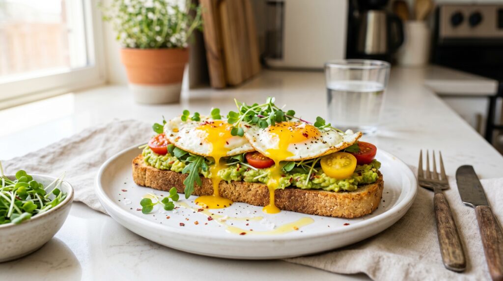 A beautiful keto avocado egg toast on a white plate