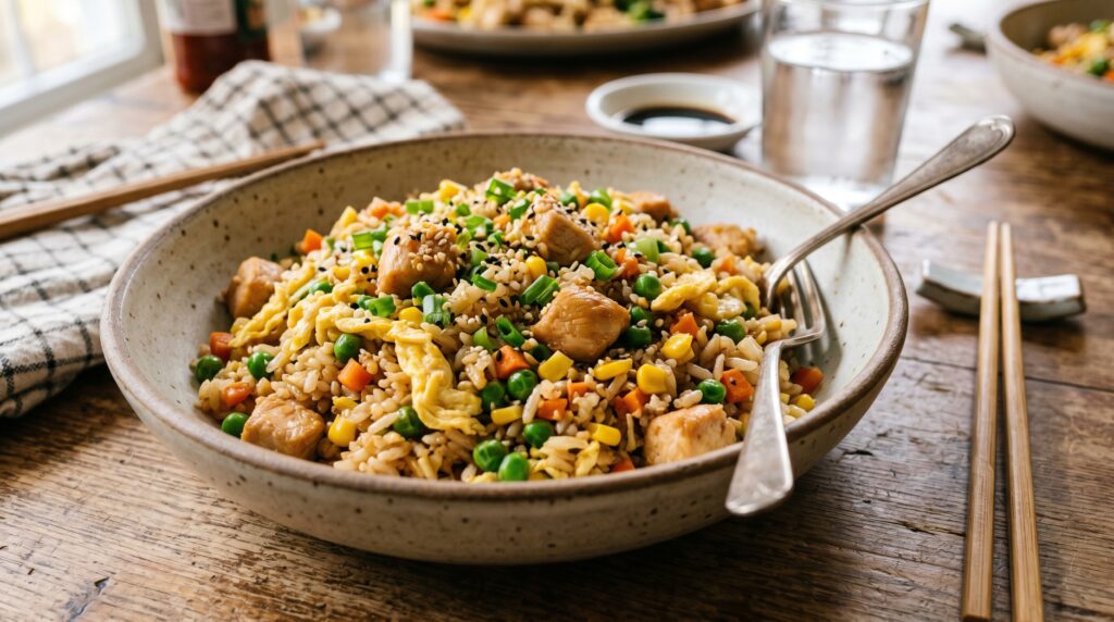A colorful, approachable simple chicken fried rice in a wide bowl