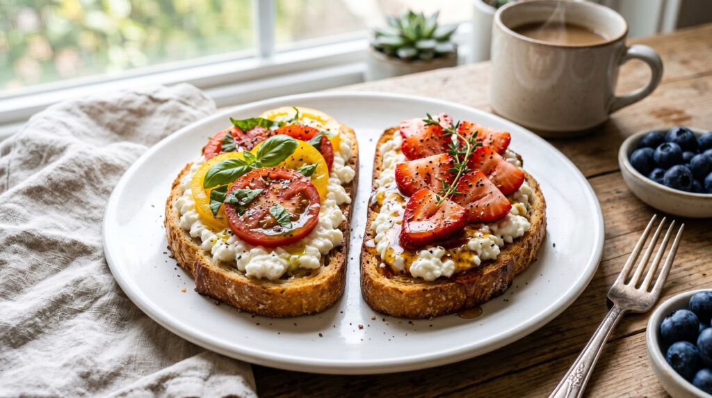 A beautiful, vibrant cottage cheese toast on a white plate
