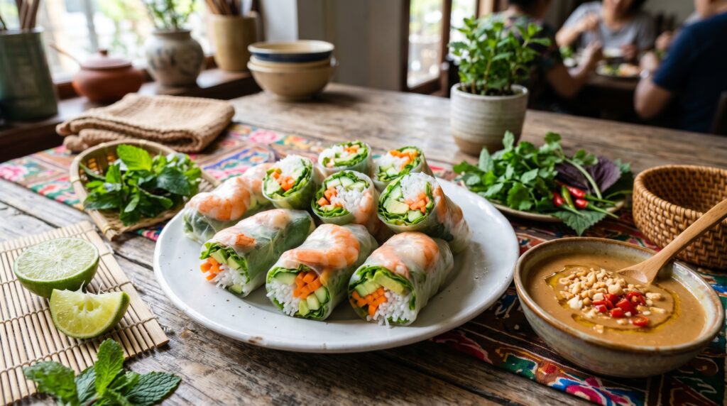 Beautiful fresh rice paper rolls on a white plate