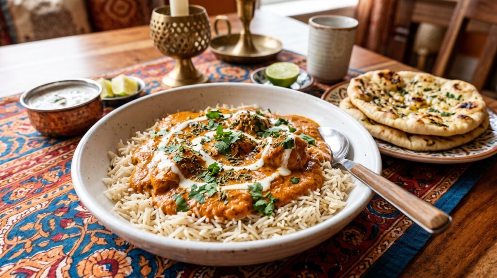 A rich, vibrant butter chicken bowl in a wide white bowl