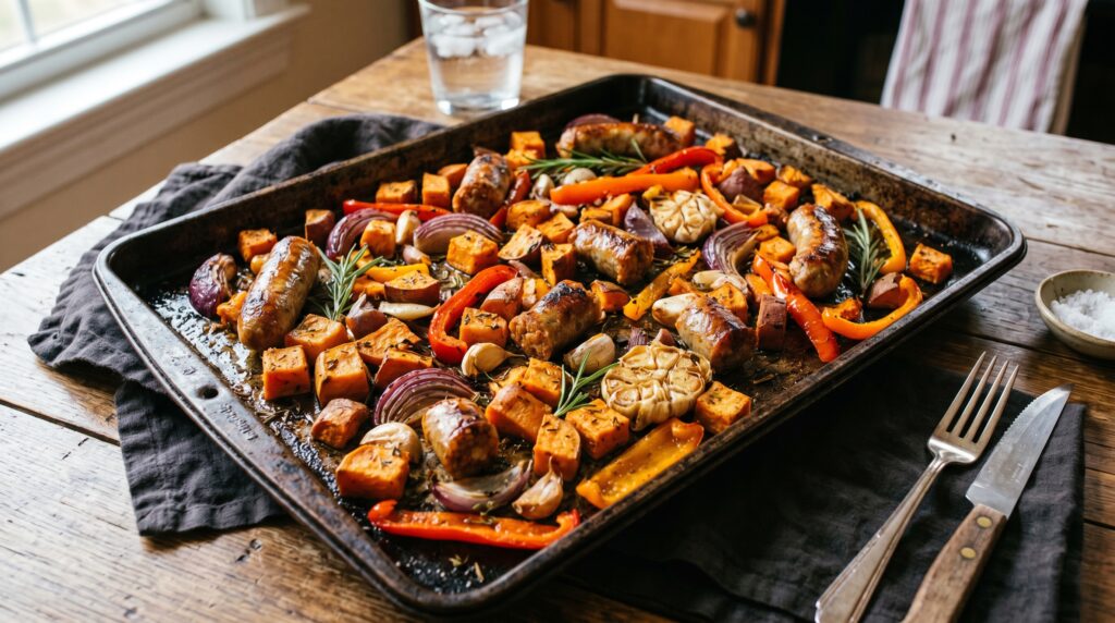 A colorful, golden sheet pan sausage and sweet potato dinner on a dark baking tray