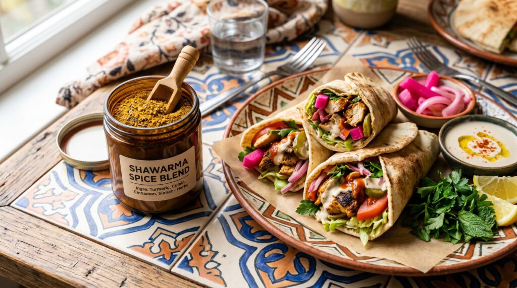 A warm, golden shawarma spice blend in a small amber jar on a Middle Eastern-inspired surface