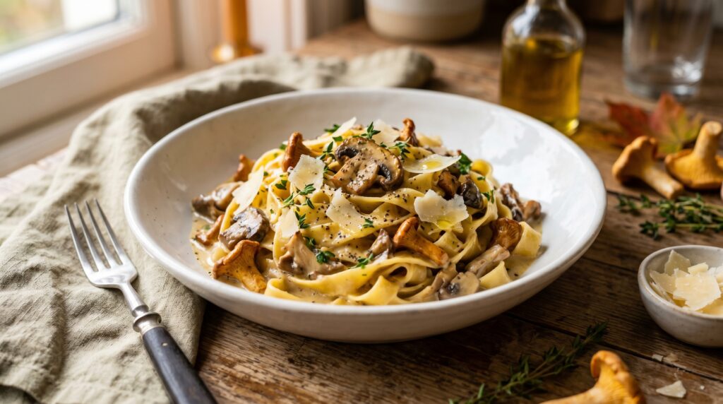 A magnificent tagliatelle with wild mushroom cream in a wide white bowl