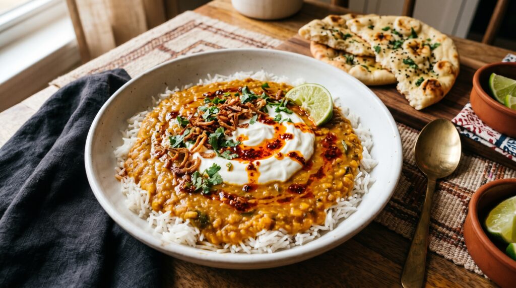 A nourishing, deeply satisfying lentil dal in a wide white bowl over basmati rice