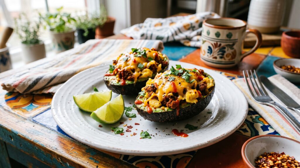 Two keto breakfast stuffed avocado halves on a white plate