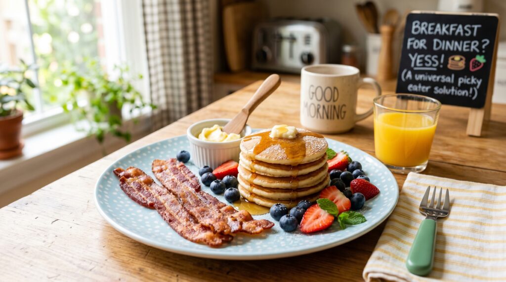 A fun, colorful mini pancake breakfast plate arranged for a child or picky eater