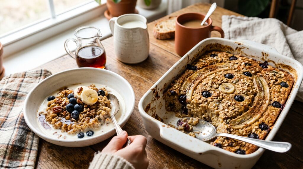 A beautiful, golden baked oatmeal in a white ceramic baking dish