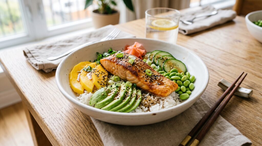 A stunning, fresh mango and avocado salmon bowl in a wide white bowl