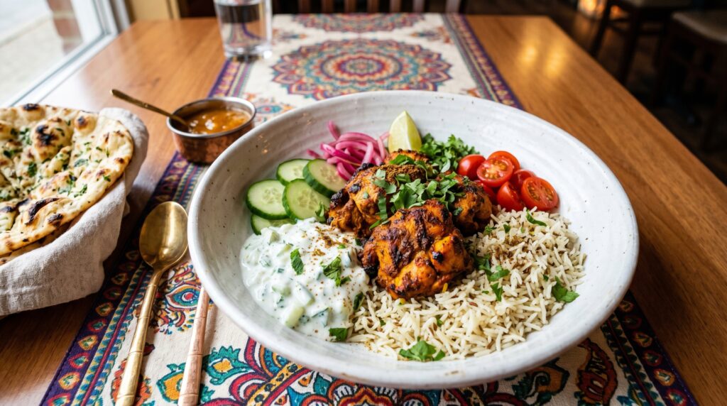 A beautiful tandoori chicken bowl in a wide white bowl