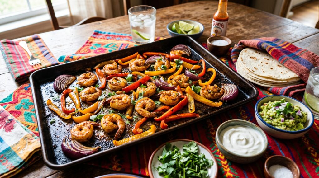 Vibrant, colorful sheet pan shrimp fajitas on a dark baking tray