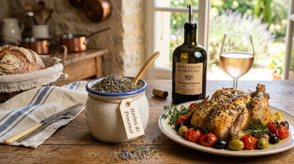 A fragrant, vibrant green Herbes de Provence blend in a small French ceramic jar on an elegant Provençal-inspired surface