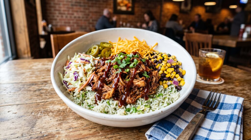 A generous, bold BBQ pulled chicken bowl in a wide white bowl