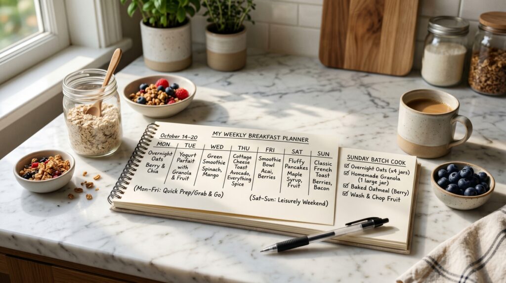 A beautifully organized weekly breakfast planner on a white marble surface, a simple printed or handwritten plan showing 7 morning breakfasts