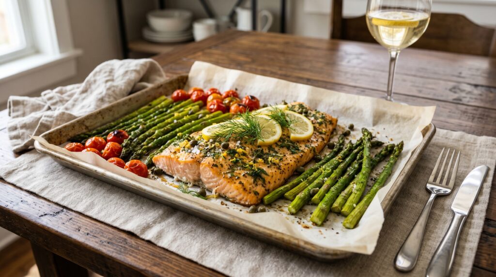 An elegant sheet pan salmon and asparagus on a lined baking tray