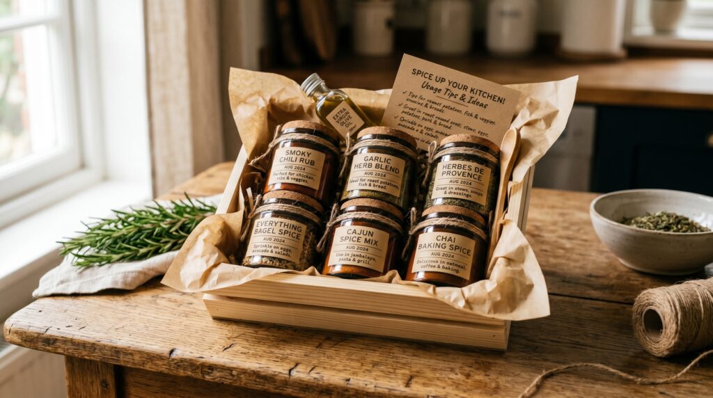 A beautiful homemade spice blend gift set on a wooden surface