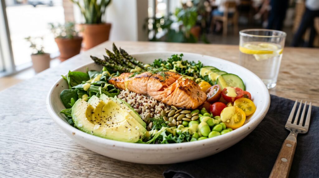 A nourishing, beautiful salmon avocado power bowl in a wide white bowl