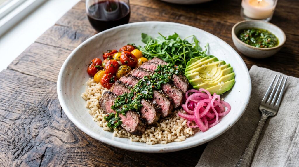 A magnificent steak and chimichurri bowl in a wide white bowl
