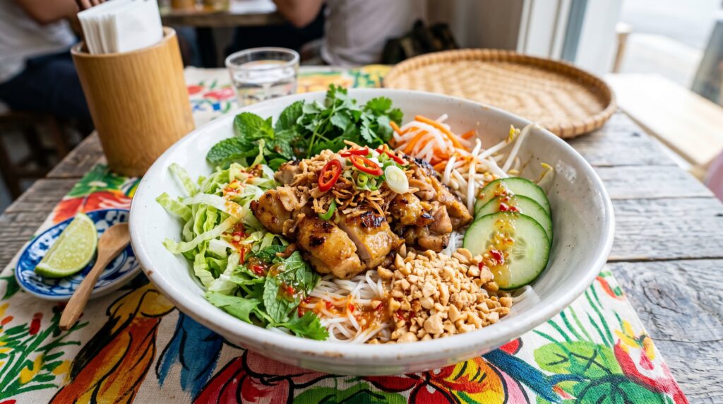 A fresh, vibrant Vietnamese lemongrass chicken bowl in a wide white bowl
