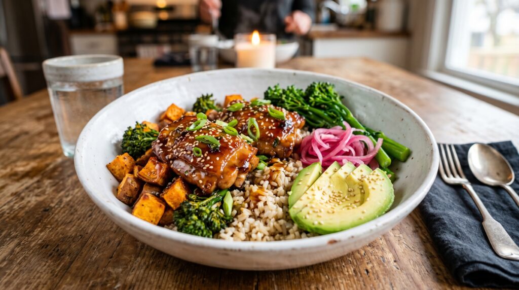 A warm, golden honey garlic chicken and sweet potato bowl in a wide white bowl